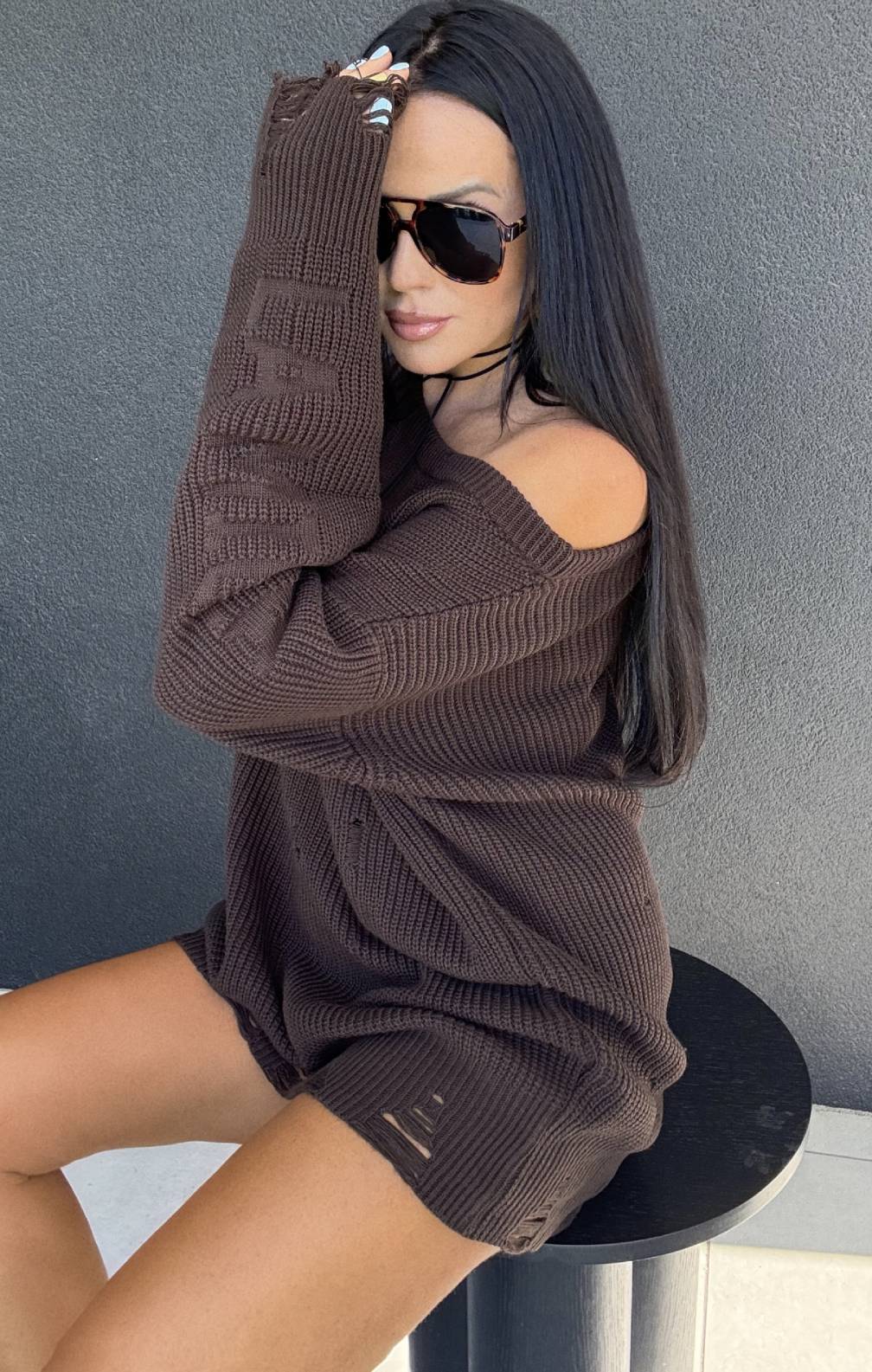 Sweter Lamilla Z Dziurami Tunika Brązowy zdjęcie 1