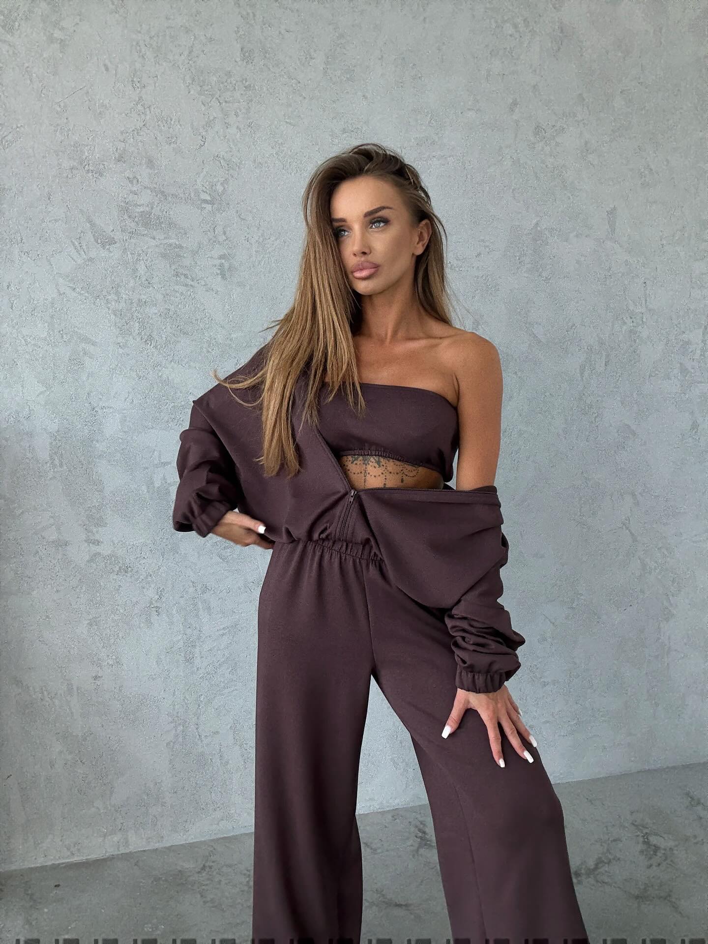 Komplet 3-Częściowy Top Bluza Spodnie Masełko Agatha Ciemny Czekoladowy zdjęcie 1