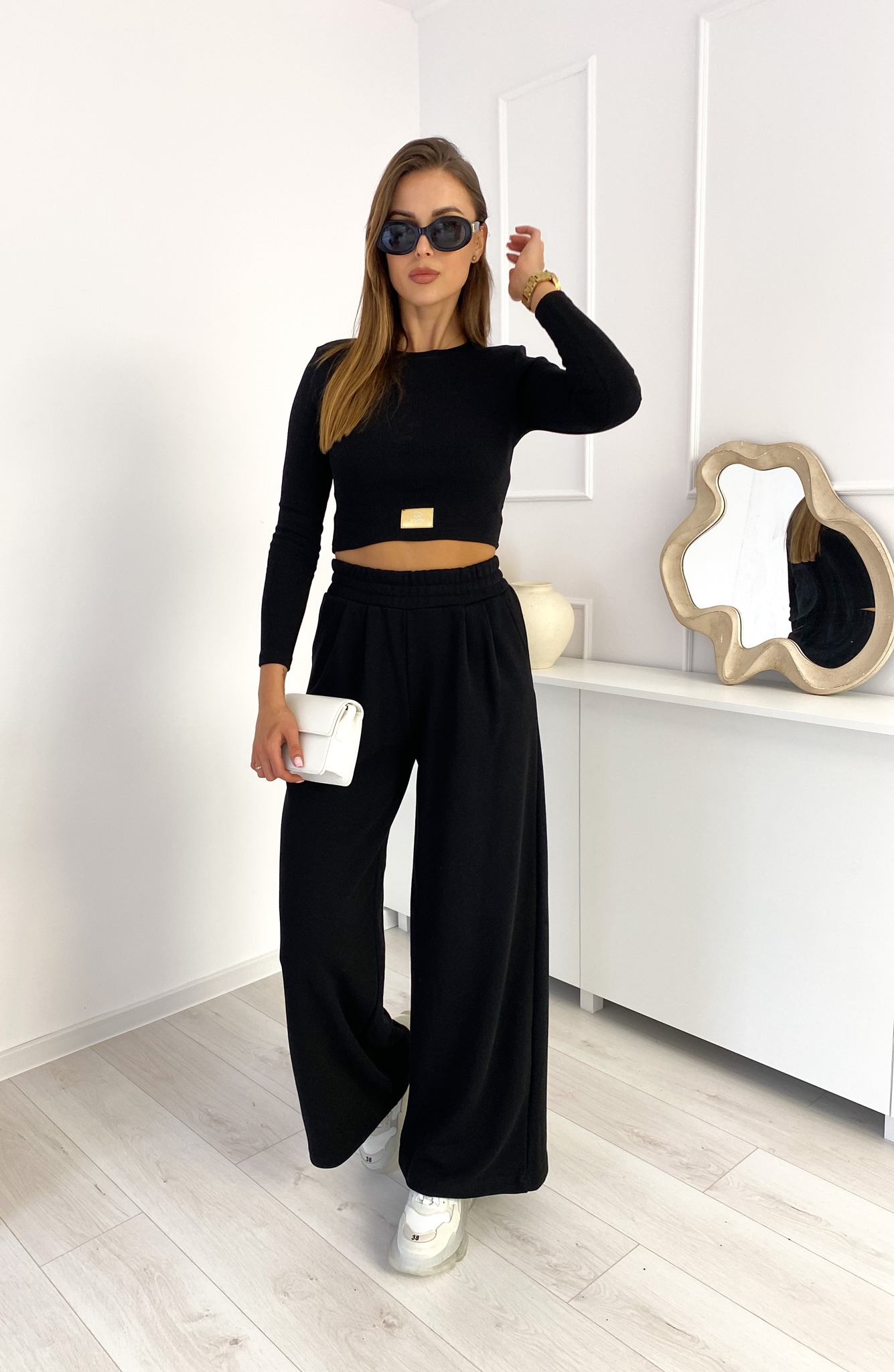 Komplet Bluzka Prążek Spodnie Szwedy Czarny zdjęcie 1