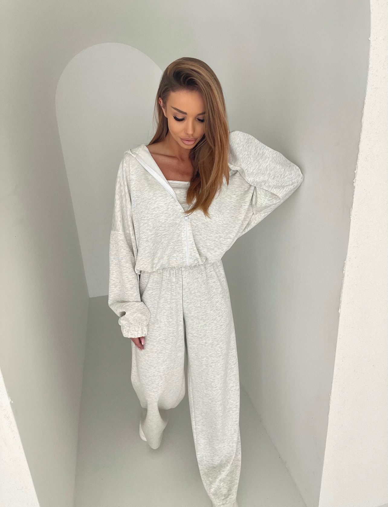 Komplet 3-Częściowy Top Bluza Spodnie Masełko Agatha Szary Melanż zdjęcie 1