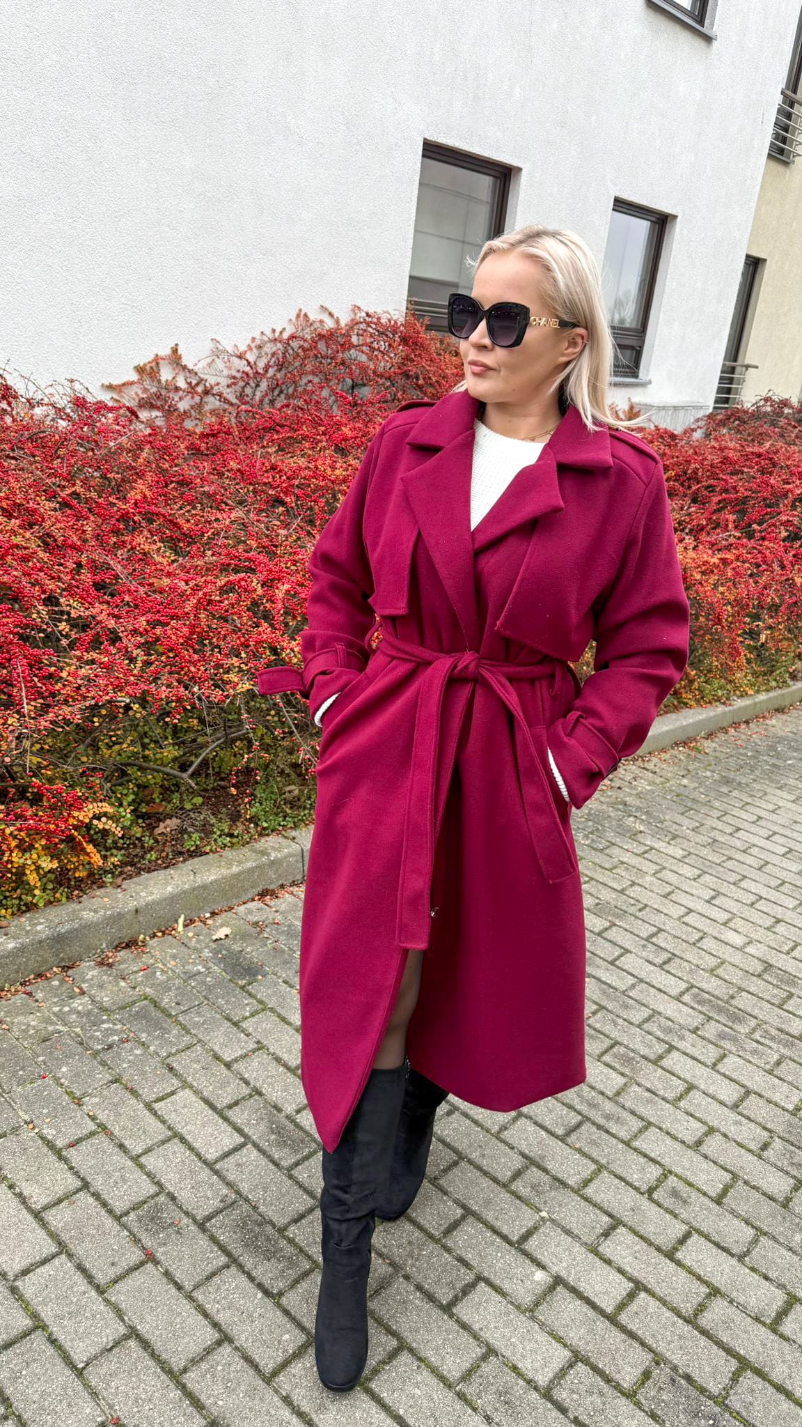 Płaszcz  Długi Elegancki Damski Burgundowy zdjęcie 1