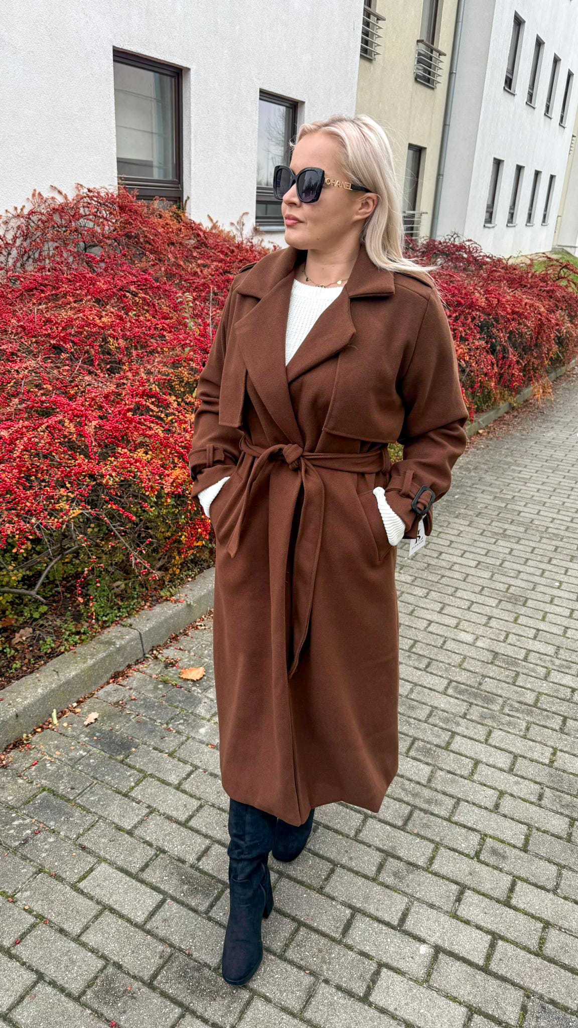 Płaszcz  Długi Elegancki Damski Brązowy zdjęcie 1