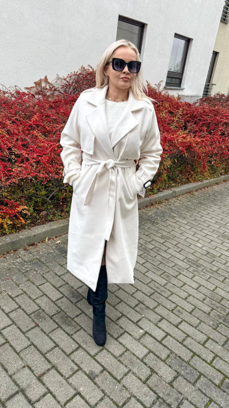 Płaszcz  Długi Elegancki Damski Ecru zdjęcie 1