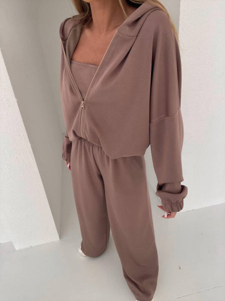 Komplet 3-Częściowy Top Bluza Spodnie Masełko Agatha Brązowy zdjęcie 2