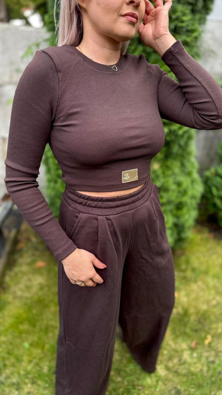 Komplet Bluzka Prążek Spodnie Szwedy Czekolada zdjęcie 2