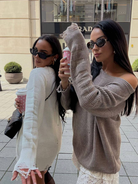 Sweter Lamilla Z Dziurami Tunika Beżowy zdjęcie 2