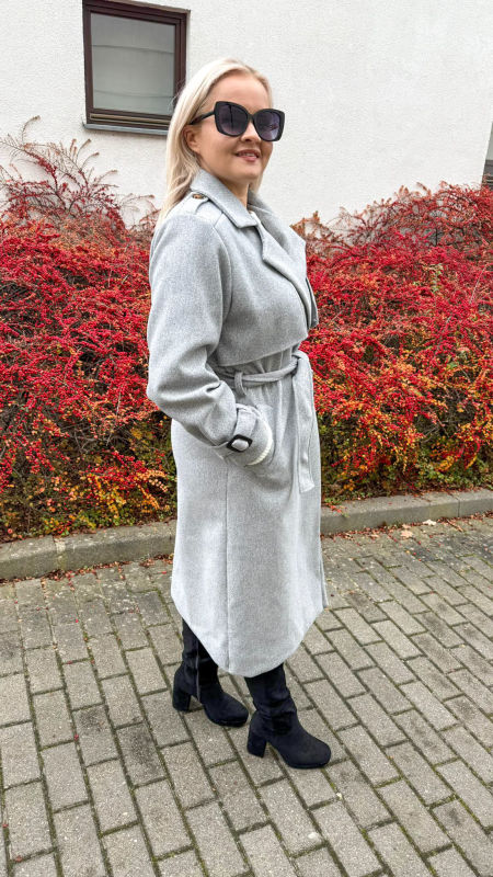 Płaszcz  Długi Elegancki Damski Szary zdjęcie 2