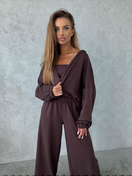 Komplet 3-Częściowy Top Bluza Spodnie Masełko Agatha Ciemny Czekoladowy zdjęcie 2