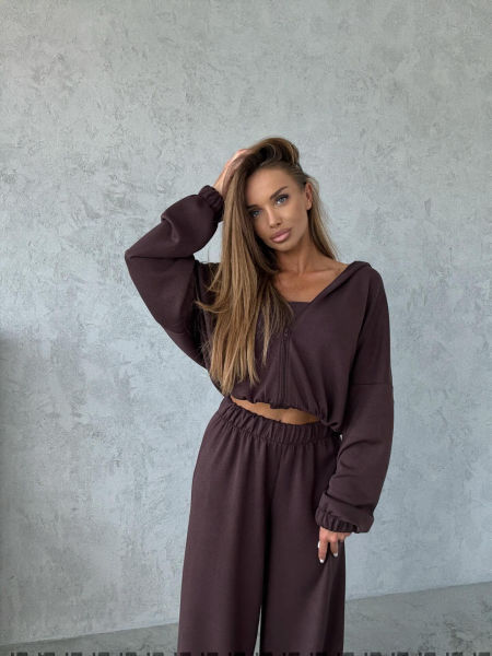 Komplet 3-Częściowy Top Bluza Spodnie Masełko Agatha Ciemny Czekoladowy zdjęcie 3