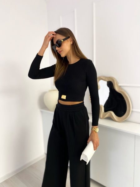 Komplet Bluzka Prążek Spodnie Szwedy Czarny zdjęcie 2