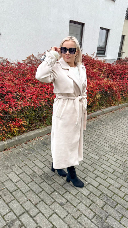 Płaszcz  Długi Elegancki Damski Beżowy zdjęcie 2