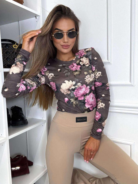 Bluzka Milagro Czekoladowa Różowo Beżowe Kwiaty zdjęcie 4