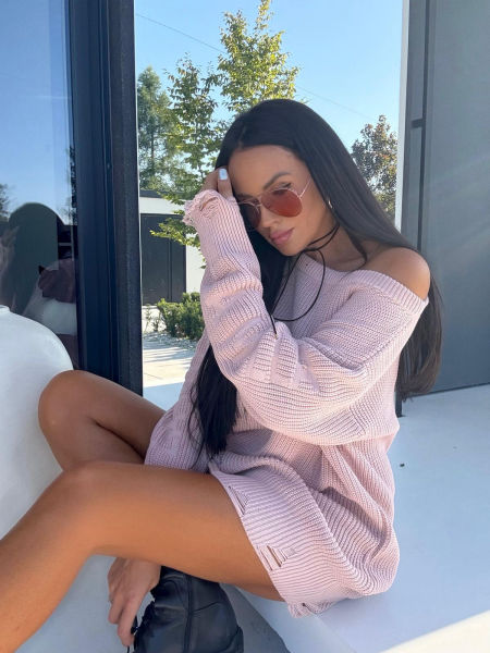 Sweter Lamilla Z Dziurami Tunika Pudrowy Róż zdjęcie 2