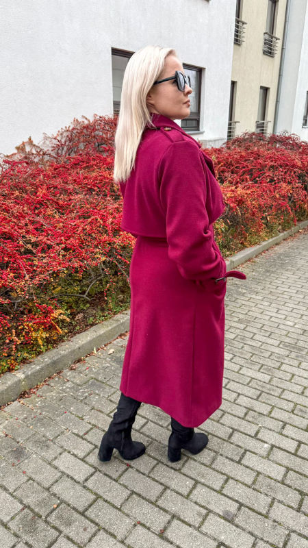 Płaszcz  Długi Elegancki Damski Burgundowy zdjęcie 3