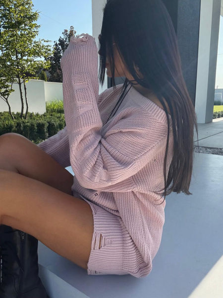 Sweter Lamilla Z Dziurami Tunika Pudrowy Róż zdjęcie 3