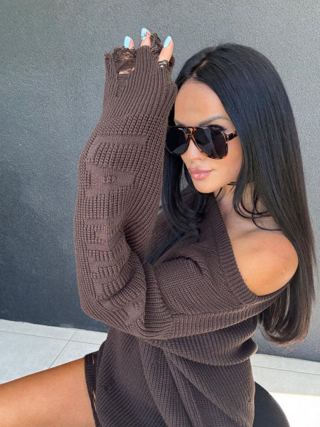 Sweter Lamilla Z Dziurami Tunika Brązowy zdjęcie 3