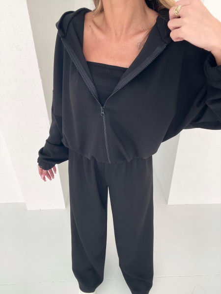 Komplet 3-Częściowy Top Bluza Spodnie Masełko Agatha Czarny zdjęcie 1