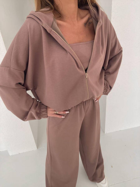 Komplet 3-Częściowy Top Bluza Spodnie Masełko Agatha Brązowy zdjęcie 1