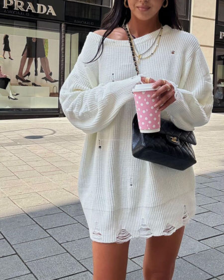 Sweter Lamilla Z Dziurami Tunika Ecru zdjęcie 3