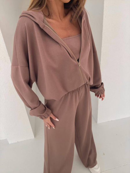 Komplet 3-Częściowy Top Bluza Spodnie Masełko Agatha Brązowy zdjęcie 3