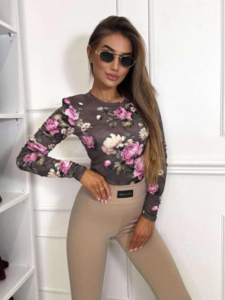 Bluzka Milagro Czekoladowa Różowo Beżowe Kwiaty zdjęcie 2