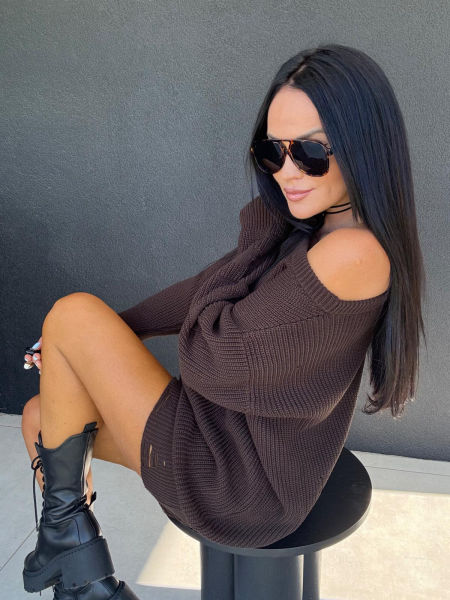 Sweter Lamilla Z Dziurami Tunika Brązowy zdjęcie 4